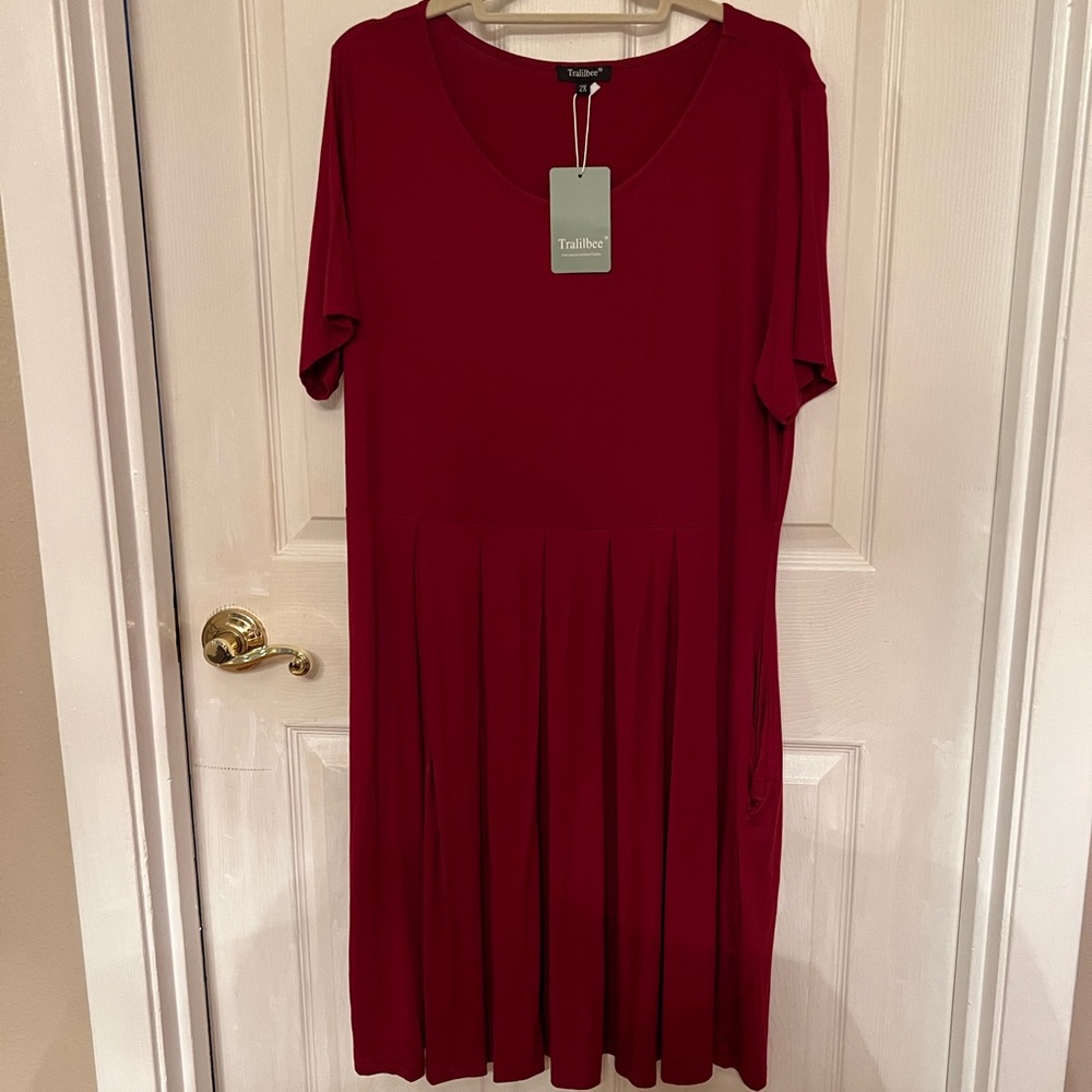 Tralilbee Women's 2X Short Sleeve Dress Casual Pleated Swing Dress with Pockets